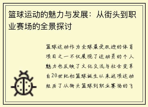 篮球运动的魅力与发展：从街头到职业赛场的全景探讨
