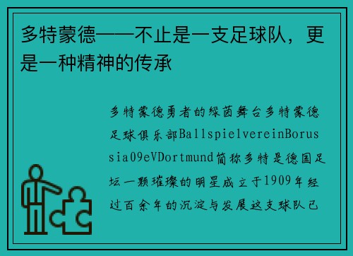 多特蒙德——不止是一支足球队，更是一种精神的传承